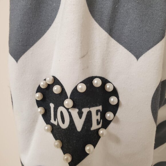 Pearl Studded Black Grey Hearts Love White Short Sleeve Top by ORIGINAL - Picture 6 of 8